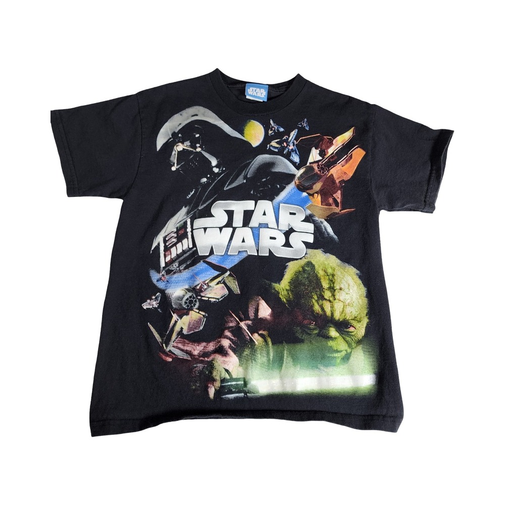 Vintage Star Wars Kids T-Shirt Black Yoda Darth Vader Graphic Tee 14/16‎ L XL